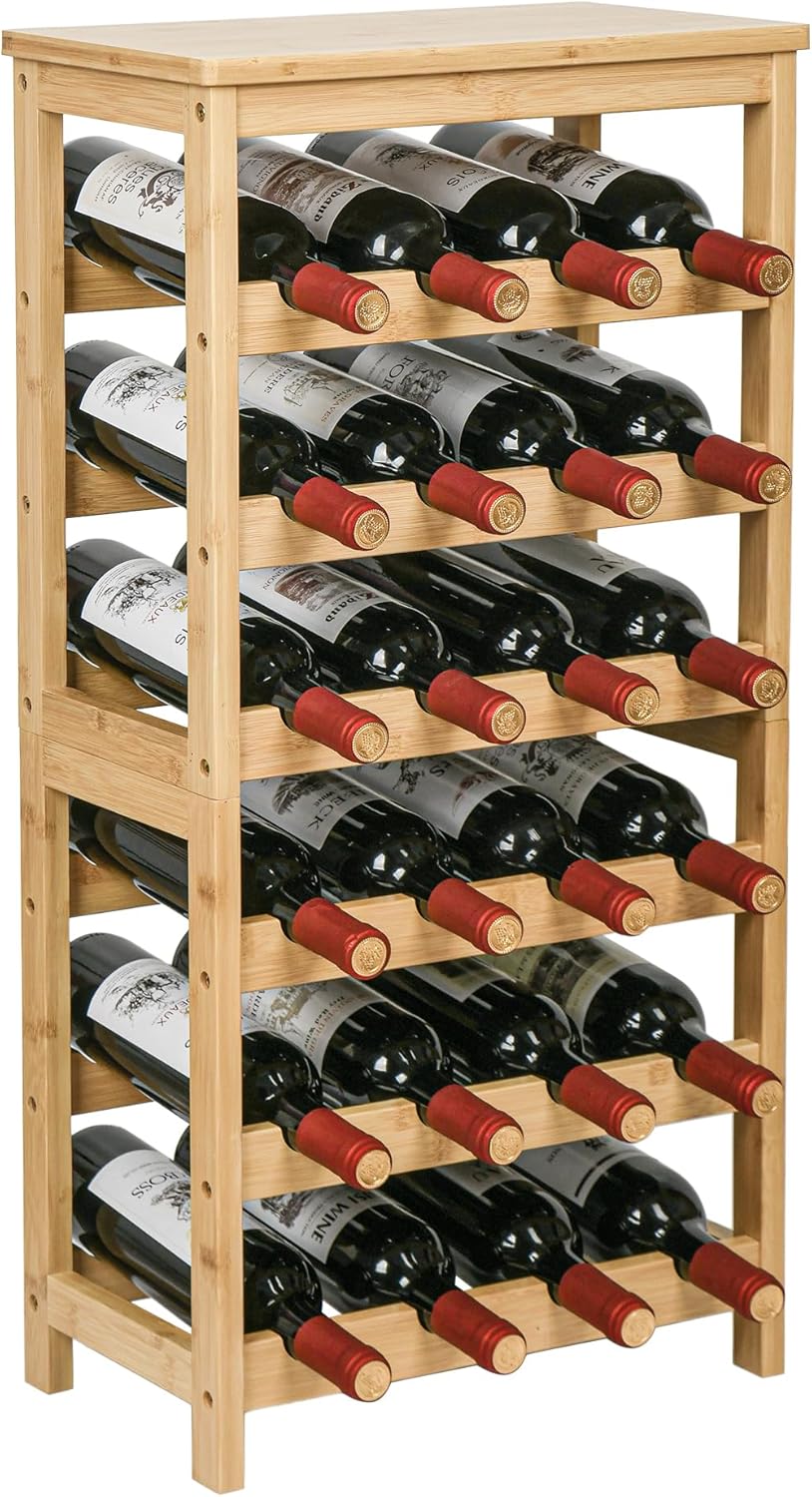 VASMIA Weinregal aus Bambus für 24 Flaschen, Flaschenregal mit 6 Etagen für Keller,Küche, Bar, Esszimmer, Flaschenhalter Holz mit Tischplatte 41 x 24 x 81 cm,Natürlich
