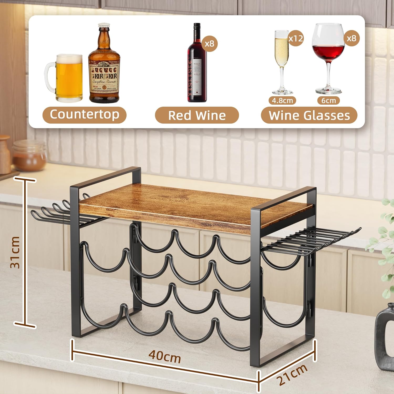 OYRREU Weinregal mit Glaeserhalter & Holzablage, Weinregal Klein für 8 Weinflaschen & 6 Weingläser, Flaschen Organizer Schrank für Arbeitsplatte, Küche & Schrank (40x21x31cm)