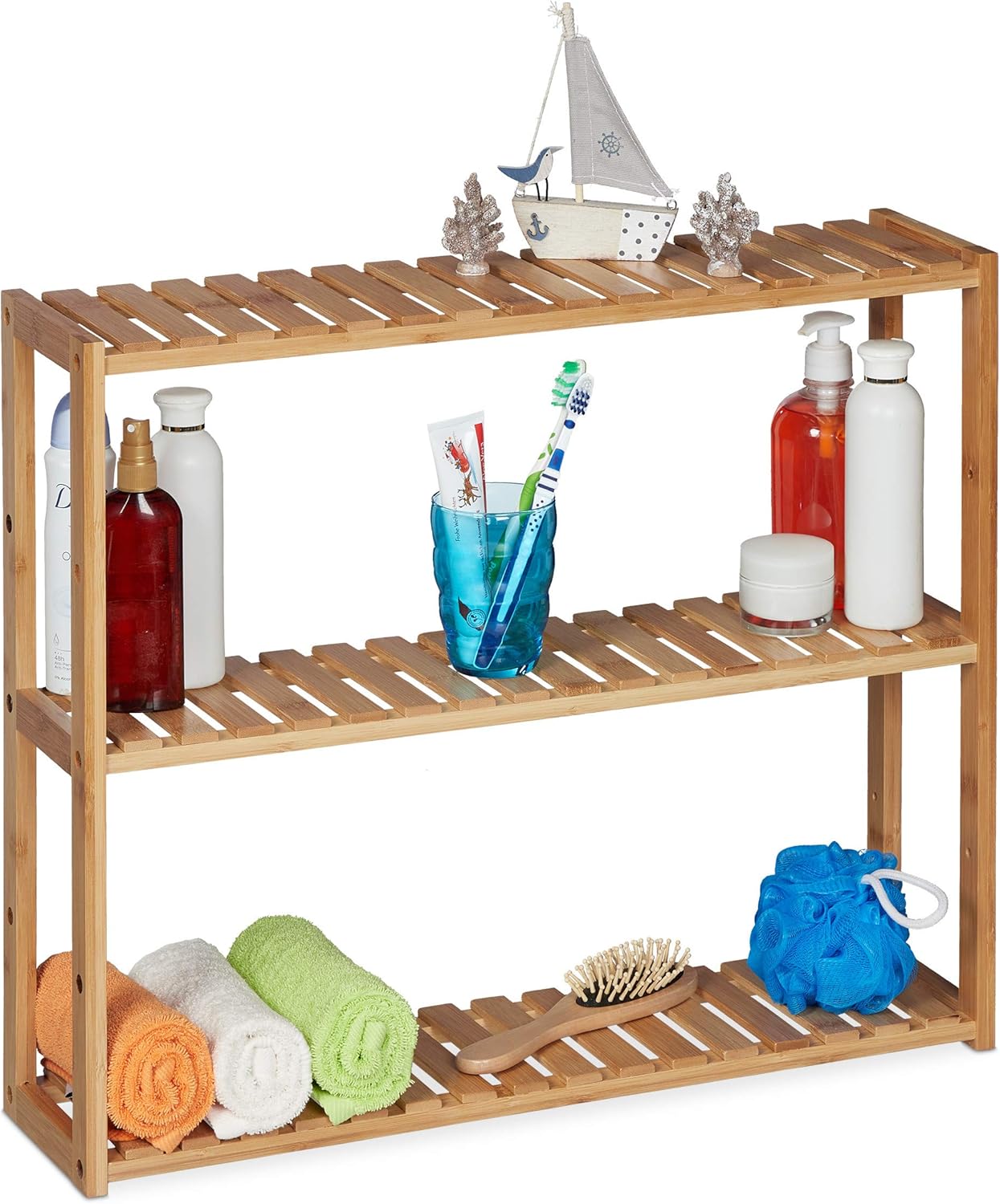 Relaxdays Wandregal Bambus, 3 Ablagen, höhenverstellbar, HBT: 50 x 60 x 15 cm, Bad & Küche, schmales Hängeregal, natur