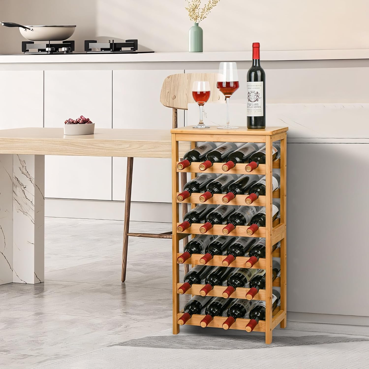 VASMIA Weinregal aus Bambus für 24 Flaschen, Flaschenregal mit 6 Etagen für Keller,Küche, Bar, Esszimmer, Flaschenhalter Holz mit Tischplatte 41 x 24 x 81 cm,Natürlich