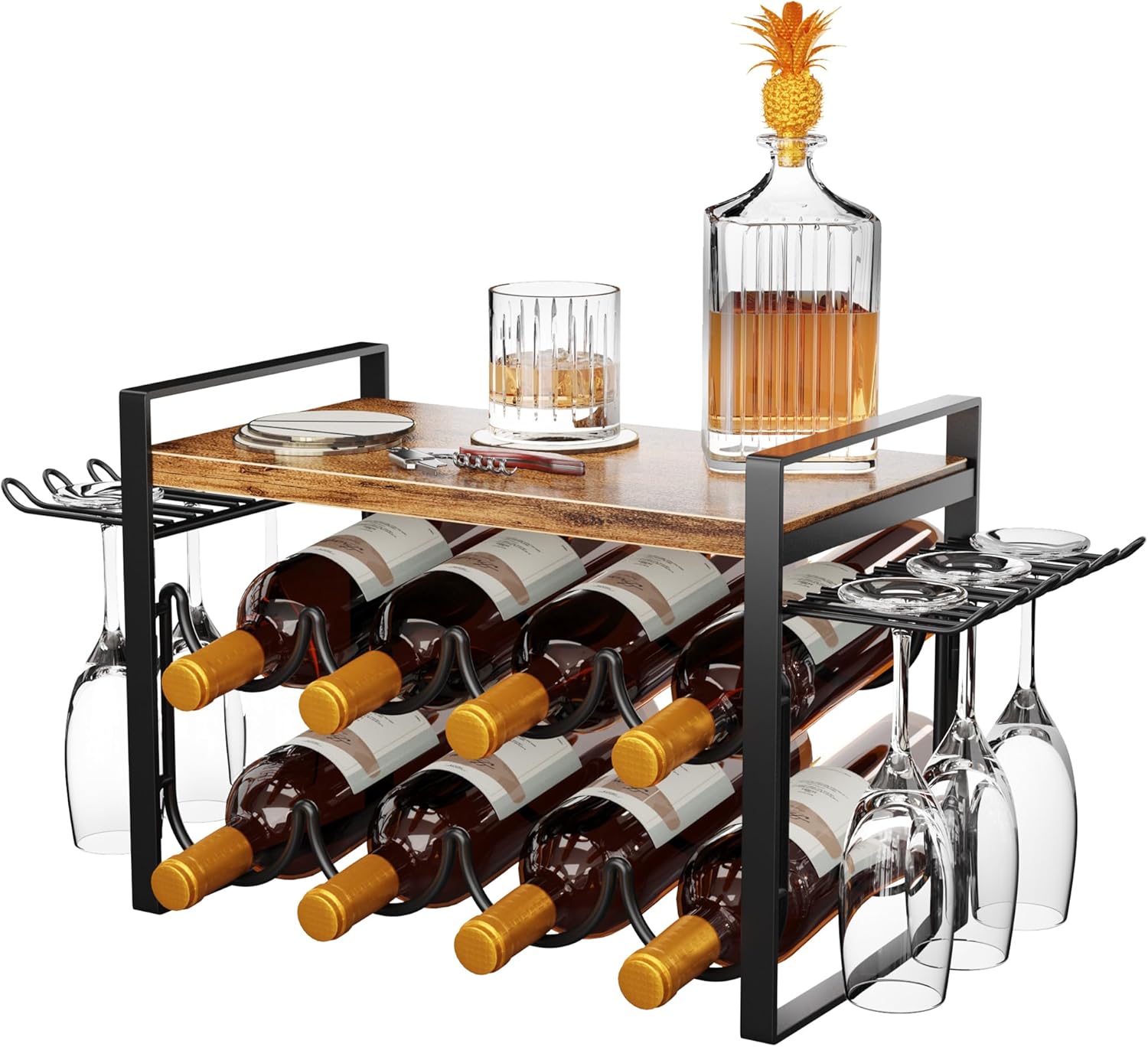 OYRREU Weinregal mit Glaeserhalter & Holzablage, Weinregal Klein für 8 Weinflaschen & 6 Weingläser, Flaschen Organizer Schrank für Arbeitsplatte, Küche & Schrank (40x21x31cm)