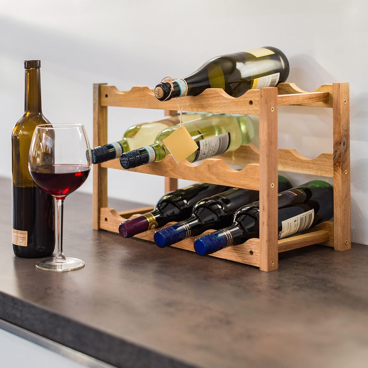Relaxdays klein, Flaschenregal 12 Flaschen Wein, H x B x T: 28 x 21 x 42 cm, natürlich, Holz, Weinregal Walnuss mit 3 Ebenen